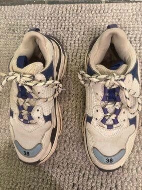 Balenciaga White and Blue Triple S Style Sneakers